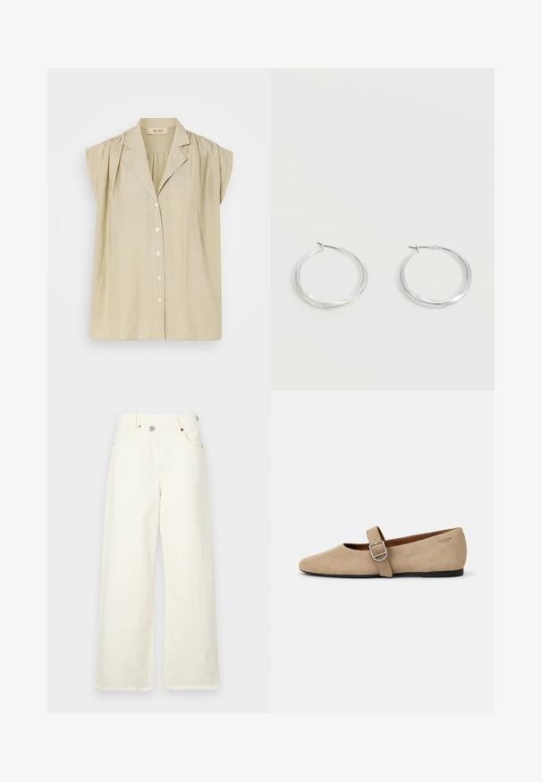 Lys beige bluse med korte pufærmer, frontknaplukning og en let krave. Lavet af et blødt, let stof.; Bredde ben, krämfarvede jeans lavet af denim, med høj talje, fem lommer og en rå kant for en afslappet pasform.; Beige ruskind Mary Jane flade sko med spids tå og et enkelt justerbart strop med en sølv spænde. Sort flad sål.; Sølvfarvede metaloorringe med glat, let buet overflade og låsemekanisme på en ensfarvet hvid baggrund.