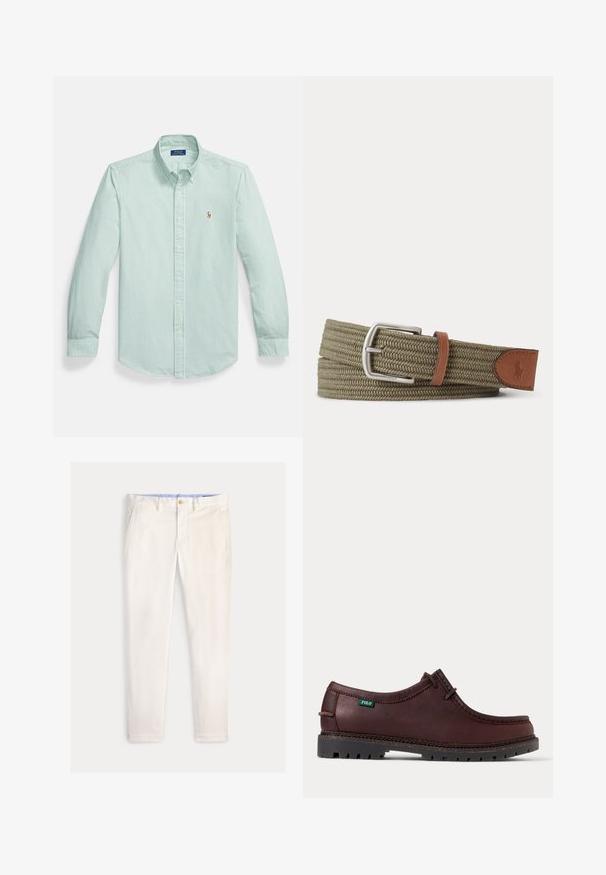 Hellgrünes Hemd mit Knöpfen, vertikalen weißen Streifen, spitzem Kragen und kleinem gesticktem Logo auf der Brust.; Herren Slim-Fit-Hose in Off-White mit Fronttaschen, Gürtelschlaufen und Knopfverschluss vor einfarbigem Hintergrund.; Dunkelbrauner Leder-Mokassinschuh mit schwarzer robuster Sohle und grünem Polo-Logo-Etikett an der Seite, Seitenansicht.; Olivgrüner gewebter Gürtel mit silberner Metallschnalle und brauner Lederschlaufe sowie Endlasche mit eingeprägtem Pferd- und Reiter-Logo.