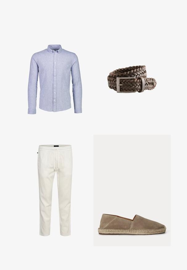 Camisa de boton largo de manga larga azul claro con cuello de botón y botones blancos, exhibida sobre un fondo blanco.; Joggers ligeros de algodón blanco con cintura elástica, cierre con cordón y un corte relajado. Textura suave sin patrones ni acentos.; Zapato espadrille de ante beige con suela de yute trenzado y puntera cerrada y redondeada, mostrado de lado sobre un fondo liso.; Cinturón de cuero trenzado de color marrón oscuro con hebilla metálica cuadrada y patrón texturizado, que presenta un diseño casual y longitud ajustable.