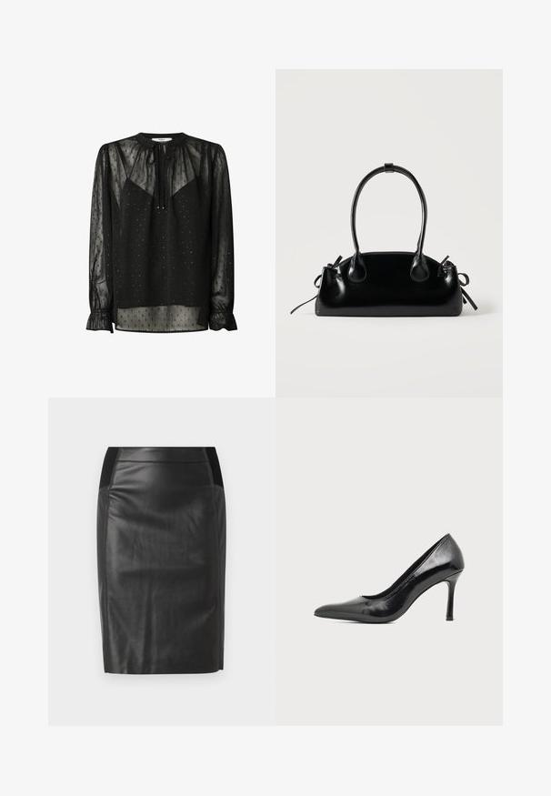 Blusa negra transparente con cuello redondo, mangas largas y puños fruncidos. Presenta pequeños patrones cuadrados y un detalle de lazo en la parte delantera.; falda lápiz de cuero negro con un diseño ajustado, textura suave y acentos de cintura elástica a ambos lados. Dobladillo recto en la parte inferior.; Zign Zapatos altos - black; Pequeño bolso negro brillante con dos asas largas y detalles de cordón lateral sobre un fondo claro liso.