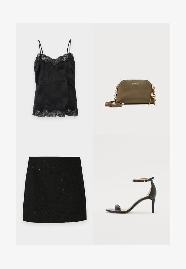 Camisole noire en satin avec fines bretelles ajustables, motif jacquard floral et bordure en dentelle le long de l'encolure et de l'ourlet.; Mini-jupe noire texturée avec de subtiles paillettes brillantes, coupe droite, sans embellissements ni motifs visibles.; Sandale à talons hauts en cuir noir avec une lanière de cheville. Présente une texture lisse, un bout ouvert et un talon fin. Détail de boucle en ton doré.; Sac besace Michael Kors en cuir vert olive avec bandoulière chaîne dorée, pendentif logo doré et petit nom de marque embossé à l'avant.