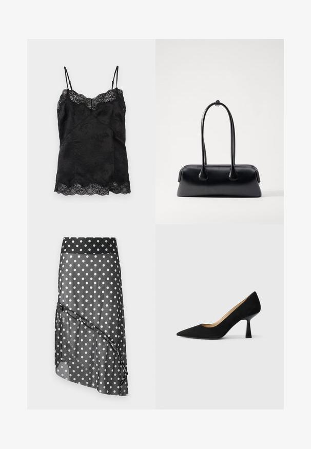 Camisole noire en satin avec fines bretelles ajustables, motif jacquard floral et bordure en dentelle le long de l'encolure et de l'ourlet.; Jupe à pois noirs avec une superposition transparente, dotée d'une ceinture large et d'un design asymétrique en couches. Texture lisse et matériau léger.; Pompe à talons hauts en suède noir avec un bout pointu, dotée d'un talon bloc noir brillant et d'une doublure intérieure lisse.; Osoi BOAT WIDE - Sac à main - black