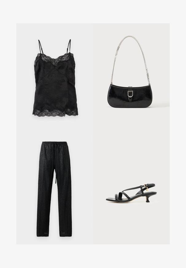 Camisole noire en satin avec fines bretelles ajustables, motif jacquard floral et bordure en dentelle le long de l'encolure et de l'ourlet.; Pantalons noirs légers avec une surface texturée et brillante. Ils sont dotés d'une taille élastique avec un cordon de serrage et d'une coupe ample.; Sandale noire en cuir à brides fines, talon bas kitten, boucle à la cheville et petit pendentif doré sur fond clair uni.; Sac à épaule en cuir verni noir avec détail de boucle argentée et bandoulière en chaîne argentée, présenté sur un fond uni clair.