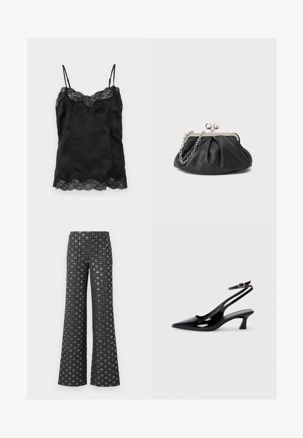 Camisole noire en satin avec fines bretelles ajustables, motif jacquard floral et bordure en dentelle le long de l'encolure et de l'ourlet.; Pantalons larges noirs avec une texture brodée de sequins et des accents argentés, créant un effet décoratif sur tout le tissu.; Escarpins à brides arrière en cuir verni noir, à bout pointu, avec un petit talon carré et une sangle de cheville ajustable dotée d'une boucle dorée.; Porte-monnaie en cuir noir avec texture froncée, cadre en métal argenté, fermeture à verrouillage kiss-lock et bandoulière en chaîne. Surface lisse et douce.