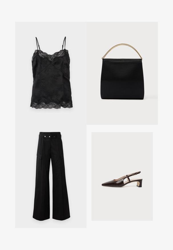 Sort satin cami med tynde justerbare stropper, blomsterjacquardmønster og blonder langs halsudskæringen og kanten.; Sorte brede bukser med høj talje, som har store sidelommer, to forreste knapper og en løkke-detalje. Lavet af holdbart materiale.; Brun slingback-sko med spids tå, lav blokhæl, krokodillemønster, sideudskæring og justerbar spænderem, vist på hvid baggrund.; Sort taske lavet af glat stof, med en struktureret form, et håndtag med guld kæde og et minimalistisk geometrisk design.
