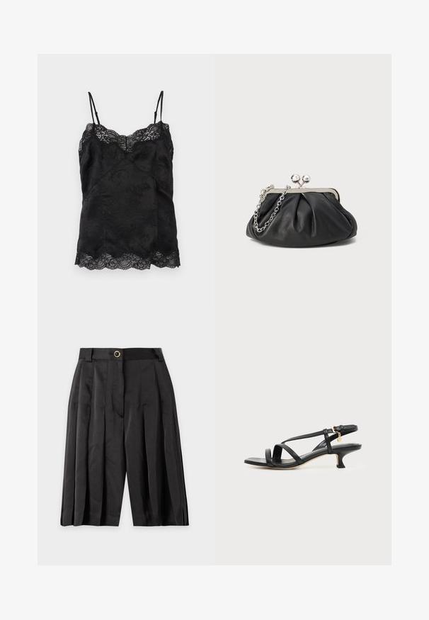 Camisole noire en satin avec fines bretelles ajustables, motif jacquard floral et bordure en dentelle le long de l'encolure et de l'ourlet.; Short noir plissé taille haute avec passants de ceinture et fermeture à un bouton à l'avant sur un fond uni.; Sandale noire en cuir à brides fines, talon bas kitten, boucle à la cheville et petit pendentif doré sur fond clair uni.; Porte-monnaie en cuir noir avec texture froncée, cadre en métal argenté, fermeture à verrouillage kiss-lock et bandoulière en chaîne. Surface lisse et douce.