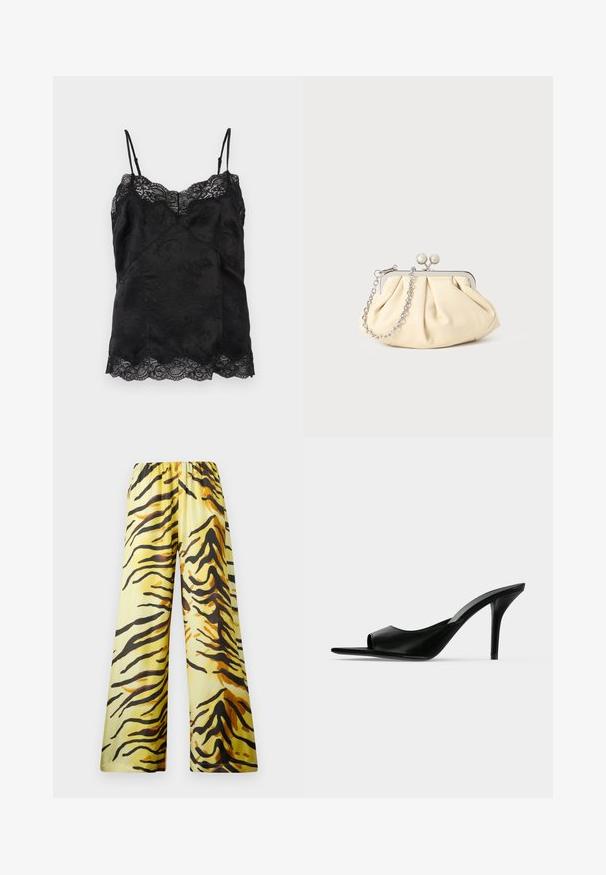 Schwarzes Satin-Camisole mit dünnen verstellbaren Trägern, floralem Jacquardmuster und Spitzenbesatz entlang des Ausschnitts und Saums.; Nanushka BRENDA - Stoffhose - yellow; Schwarzer Leder-Pantolette mit offenem Zehenbereich und hohem, schlankem Stiletto-Absatz, im Seitenprofil vor neutralem Hintergrund gezeigt.; Faltige beigefarbene Ledertasche mit einem silbernen Metallrahmen, ausgestattet mit zwei runden dekorativen Verschlüssen und einem silbernen Kettenriemen.
