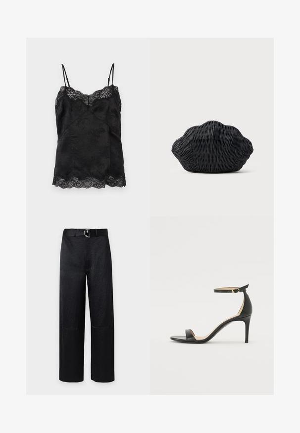 Camisola de satén negro con tirantes finos ajustables, diseño de jacquard floral y ribete de encaje a lo largo del escote y el dobladillo.; Pantalones de pierna ancha negros con un acabado texturizado, que cuentan con un cinturón con una hebilla circular de plata y costuras mínimas.; Sándalo de tacón alto de piel negra con tiras en el tobillo. Presenta una textura suave, puntera abierta y un tacón delgado. Detalles de hebilla en tono dorado.; Bolso de mimbre negro con forma de concha de vieira con parte superior curva y textura tejida sobre un fondo liso.