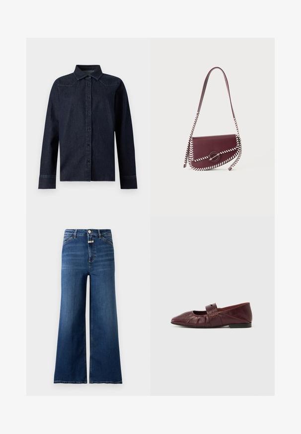Μακρυμάνικο πουκάμισο από σκούρο μπλε denim με κουμπιά μπροστά, μυτερό γιακά και απλές ραφές στους ώμους και τις μανσέτες.; Τζιν μπλε με ψηλή μέση και φαρδιά μπατζάκια, με μπροστινές τσέπες, θηλιές για ζώνη, κλείσιμο με κουμπιά και ορατό φερμουάρ, σε απλό φόντο.; Μπορντό δερμάτινα μπαλαρίνες με στρογγυλεμένη μύτη, σχεδιασμό με πτυχώσεις στο μπροστινό μέρος και ένα μικρό διακοσμητικό λουράκι πάνω από το κουντεπιέ. Επίπεδη σόλα.; Σκούρο κόκκινη δερμάτινη τσάντα ώμου με λευκή διακοσμητική ραφή whipstitch και κυκλικό μεταλλικό κούμπωμα στο μπροστινό καπάκι.