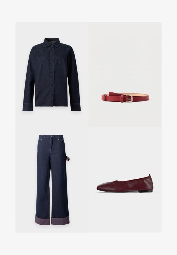 Chemise en denim bleu foncé à manches longues, boutonnée sur le devant, col pointu, avec des détails de couture simples aux épaules et aux poignets.; Pantalons en denim à jambes larges en coton bleu foncé avec un ourlet soigné, présentant une étiquette d'accent rose sur le côté et un design classique à cinq poches.; Ballerine plate en cuir bordeaux avec bord supérieur élastique froncé et fine semelle noire sur fond blanc.; Ceinture en cuir rouge avec boucle rectangulaire argentée, extrémité en boucle et texture lisse, présentée enroulée à plat sur fond blanc.