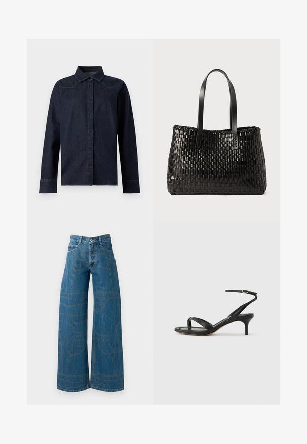 Donkerblauw denim overhemd met lange mouwen, knopen aan de voorkant, puntige kraag en eenvoudige naaddetails op schouders en manchetten.; Wijde pijpen jeans in middelblauwe denim met contrasterende stiksels en meerdere zakontwerpen. Hoge taille met knoopsluiting.; Zwarte leren dames sandaal met dunne bandjes, een teengreep, een enkelgesp en een stilettohak van gemiddelde hoogte op een neutrale achtergrond.; Zwarte geweven draagtas van duurzaam materiaal, met twee stevige verticale handvatten en een textuurpatroon over het geheel.