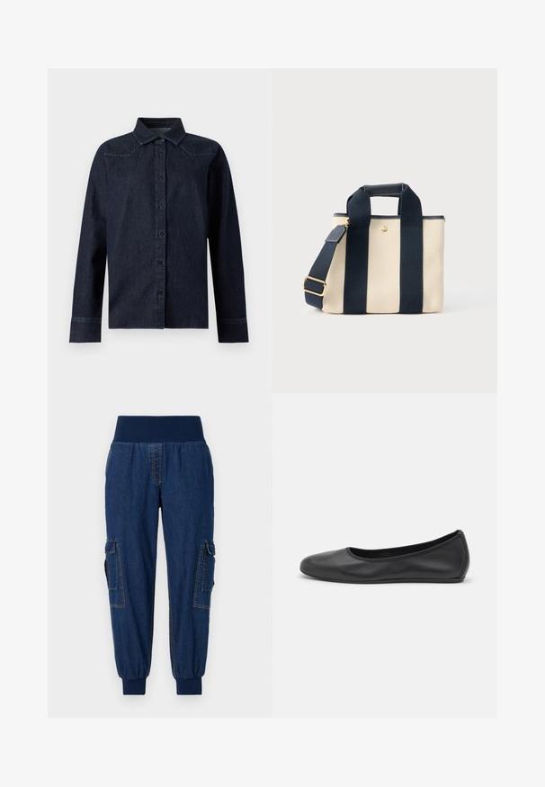 Tmavomodrá denimová košeľa s dlhým rukávom, zapínaním na gombíky, špicatým golierom a jednoduchými švovými detailmi na pleciach a manžetách.; Denim jogger nohavice so širokým elastickým pásom, dvoma bočnými cargo vreckami a rebrovanými členkami; tmavo modrá farba s kontrastným prešívaním.; Čierne kožené baleríny s okrúhlou špičkou, hladkým povrchom, minimálnym prešívaním a flexibilným dizajnom podrážky.; Malá béžová taška z plátna s dvoma širokými čiernymi vertikálnymi popruhmi, krátkym rukoväťou a nastaviteľným ramenným popruhom so zlatou prackou.