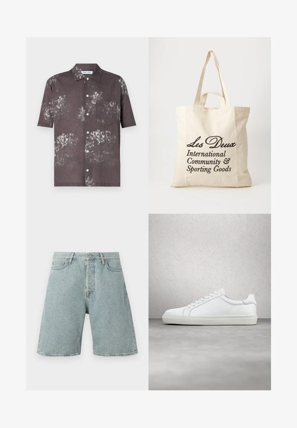 Korte mouw shirt van donkergrijze stof met een bloemenprint in lichtere tinten, een knoopsluiting en een borstzak.; Lichtblauwe denim shorts met een relaxed fit, vijf zakken en een knoopsluiting. Verweerde textuur met zichtbare stikdetails.; Witte sneaker met een gladlederen bovenwerk en een laag profiel. Voorzien van een ronde neus, zes vetergaatjes en een gestructureerde rubberen zool.; Beige katoenen tote bag met twee stevige handvatten. Beschikt over zwarte bedrukte tekst: "Les Deux International Community & Sporting Goods."