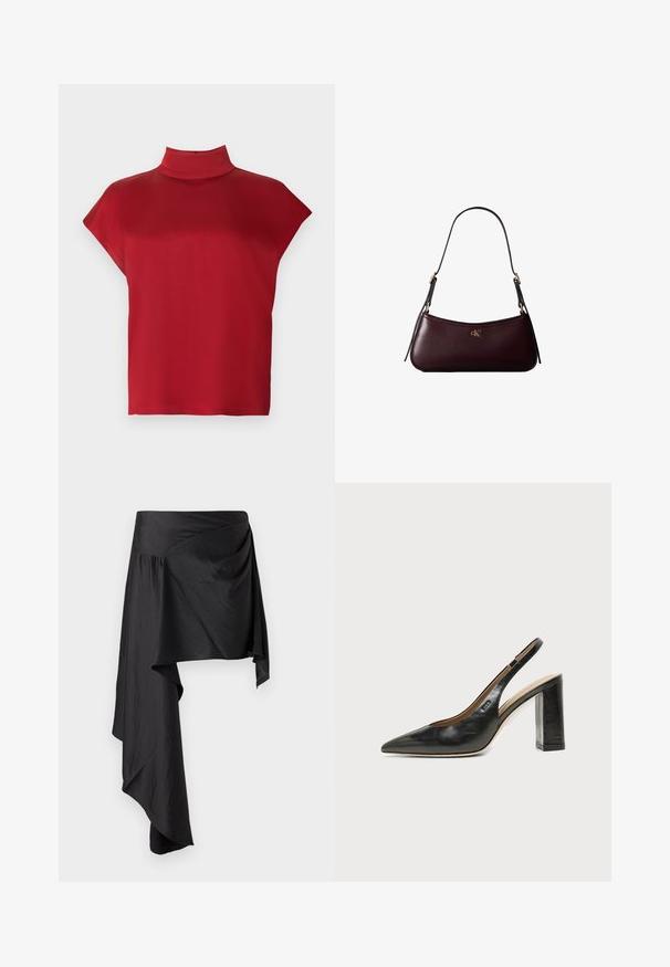 Rød, ærmeløs top med høj hals, lavet af glat stof. Har en løs pasform og et minimalistisk design. Ingen mønstre eller accenter.; Sort omslagskørt lavet af glat, letvægtsstof. Har en asymmetrisk kant og sammensat detaljering i taljen for en flydende silhuet.; Sort læder peep-toe slingback sko med høj blokhæl og beige indvendig foring mod en ensfarvet lys baggrund.; Mørk bordeaux læderhåndtaske med en tynd sort skulderrem og lille gyldent "cK" logo foran i midten.