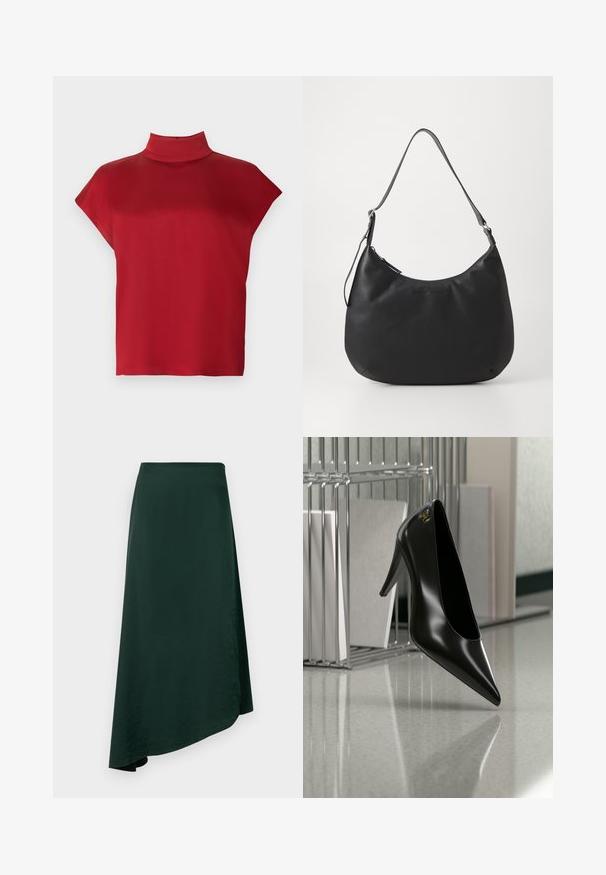 Rotes, ärmelloses Top mit hohem Kragen, gefertigt aus glattem Stoff. Verfügt über eine lockere Passform und ein minimalistisches Design. Keine Muster oder Akzente.; Dunkelgrüner Wickelrock aus glattem Stoff, mit asymmetrischem Saum und einem nahtlosen Bund für ein sauberes Design.; Schwarzer High-Heel-Schuh mit spitzer Zehe und goldem Logo, auf einer reflektierenden Oberfläche nahe einem verchromten Draht-Organizer mit Dokumenten positioniert.; Schwarze Hobo-Tasche aus glattem, strapazierfähigem Material. Verfügt über einen einzelnen verstellbaren Tragegurt und ein dezentes, eingeprägtes Logo auf der Vorderseite.