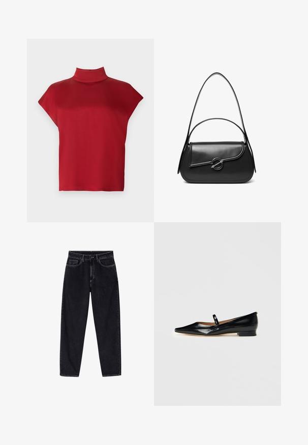 Rød, ærmeløs top med høj hals, lavet af glat stof. Har en løs pasform og et minimalistisk design. Ingen mønstre eller accenter.; Sorte højtaljede jeans med lige ben, foran med knap, lynlås, bæltestropper og fem lommer, vist på en hvid baggrund.; Sorte patenterede læder Mary Jane flade sko med spids tå, én rem og lav hæl på ensfarvet baggrund.; Sort skuldertaske i læder med en buet klap, der er fastgjort med en rund metal spænde, og en slank, justerbar rem.