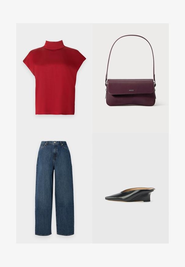 Haut rouge sans manches avec un col montant, confectionné dans un tissu lisse. Présente une coupe décontractée et un design minimaliste. Aucun motif ni accent.; Jeans en denim à jambe large dans un bleu foncé. Fabriqués en coton robuste avec une texture lisse. Présentent une fermeture à bouton et un design classique à cinq poches.; Chaussure compensée en cuir verni noir avec un bout pointu et un dos ouvert, présentant un design élégant et courbé ainsi qu'un style minimaliste.; Sac à main en cuir bordeaux au design structuré, avec une fermeture à rabat et une bandoulière ajustable. Détail du logo embossé sur le devant.