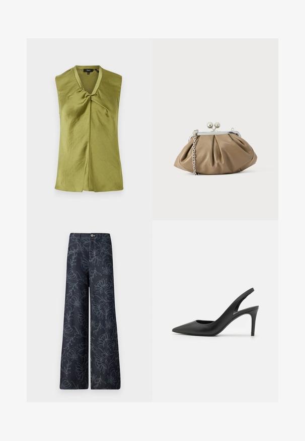 Mouwloze groene blouse van gladde stof, met een V-hals en een knoopdetail aan de voorkant, met een rechte snit en subtiele glans.; Donkerdenim wijde broek met een geborduurd bloemenpatroon in lichtblauw. Klassiek vijf-pocket ontwerp met een sluiting met knoop aan de voorkant.; Zwarte leren slingback hoge hakken met een puntige neus, met een uitsparing aan de voorkant en een dunne stilettohak.; Leren clutch in zacht beige met een afgeronde vorm, geplooide textuur, zilveren kiss-lock sluiting en een afneembare kettingriem.