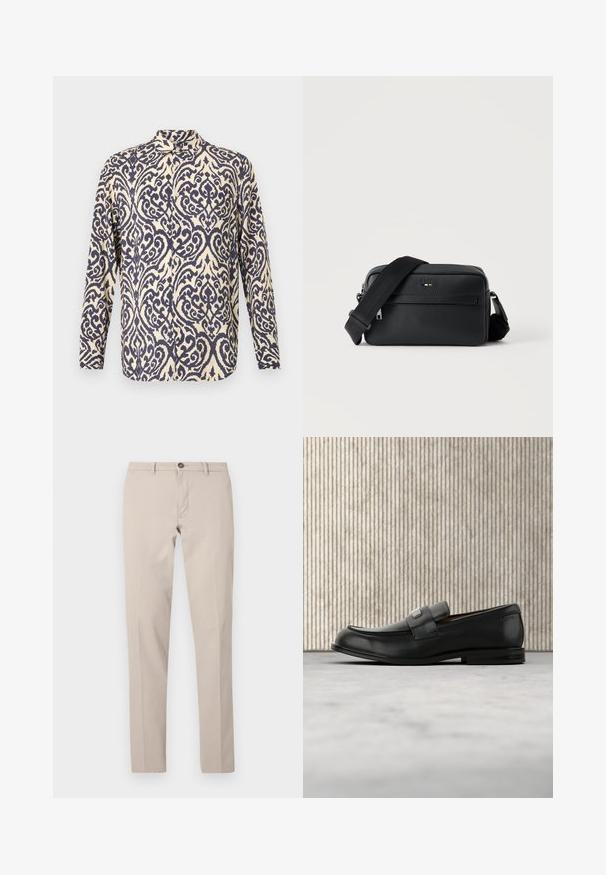 Lange mouwenshirt in een crèmekleur met ingewikkelde marineblauwe draaiende patronen, voorzien van een kraag en een knoopsluiting aan de voorkant.; Beige slim-fit broek met riemlussen, knoopsluiting en rits aan de voorkant, plat liggend afgebeeld tegen een witte achtergrond.; Zwarte leren loafer met een metalen merktekenplaatje, rustend bij een bruine ronde tafel op een beige tapijtvloer.; Zwarte gestructureerde leren crossbodytas met voorvak met ritssluiting en verstelbare brede stoffen schouderband op een witte achtergrond.