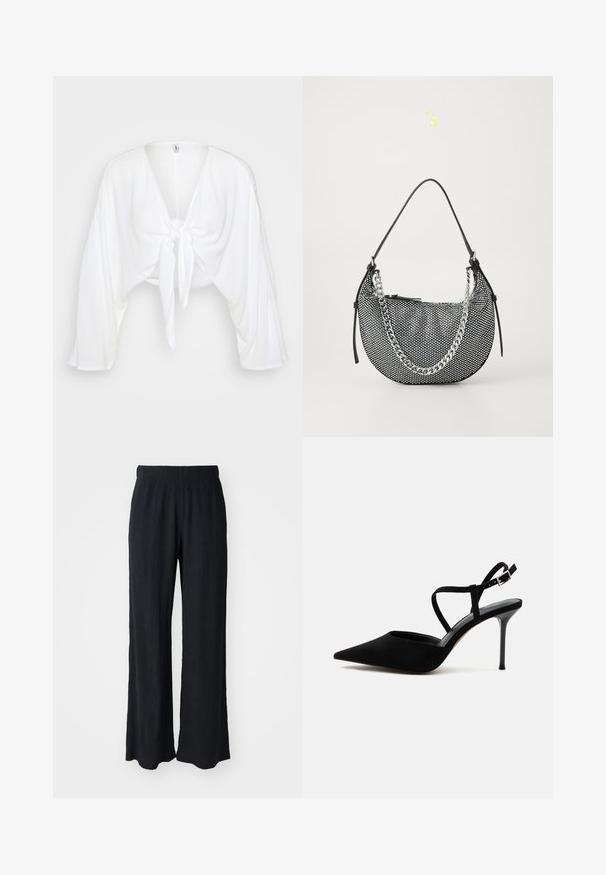 Top court blanc avec un décolleté en V profond et des manches amples, présentant un design à l'avant noué et un tissu texturé. Convient pour une tenue décontractée.; Pantalons larges noirs en tissu texturé avec une taille élastique. Présente une coupe décontractée et un design doux et fluide.; Chaussure à talon haut noire à bout pointu avec talon stiletto fin et fines lanières à la cheville avec boucle argentée sur fond blanc.; Sac à main en mesh noir de forme croissant, avec une bandoulière en chaîne argentée et des accents en cuir noir. Surface texturée avec une fermeture éclair.
