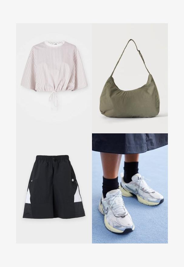 Kortærmet cropped top i lys lavendel med hvide vertikale striber. Har snoretræk i kanten for justerbar pasform.; Sort-hvide atletikshorts med elastisk taljebånd og snøre, med Nike-swoosh og et lille patch-logo på højre side.; Hvide og sølv Nike sneakers med mesh-stof, reflekterende detaljer og en beige sål. Bæres med sorte sokker og står på en blå overflade.; Skuldertaske i blødt olivengrønt stof med lynlås og justerbar rem på ensfarvet, lyst baggrund.