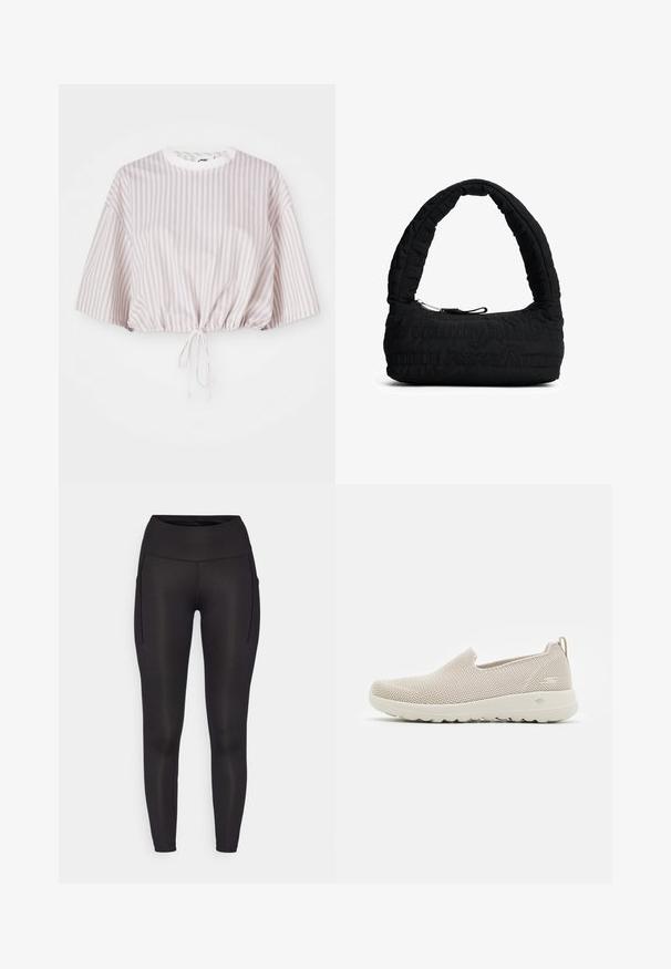 Coupe courte avec des manches courtes en lavande clair et rayures verticales blanches. Dotée d'un cordon de serrage à l'ourlet pour un ajustement réglable.; Leggings noirs avec une taille haute, dotés de deux poches latérales et d'une texture lisse et extensible. Conçus pour le confort et la facilité de mouvement.; Chaussure beige à enfiler en matériau en maille respirant, dotée d'une semelle flexible et d'un dessus texturé au design minimaliste.; Sac à main noir matelassé avec une anse courbée et une fermeture éclair. Présente des motifs texturés et un matériau en tissu doux. Design compact et polyvalent.