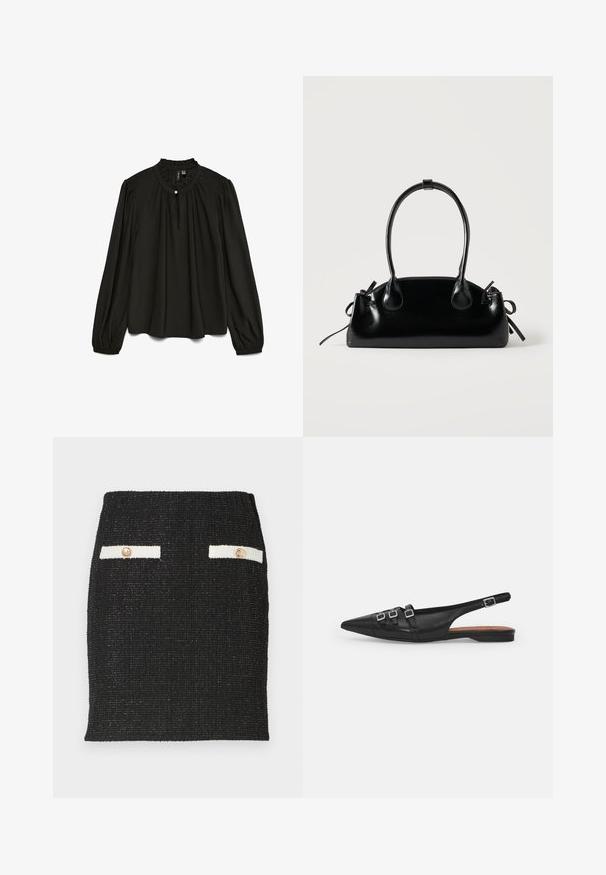 Blusa negra de manga larga con un escote redondo fruncido, que presenta un sutil detalle de botón y una silueta fluida hecha de tejido ligero.; Falda de tweed negro con tejido texturizado y un diseño ajustado. Presenta dos acentos de bolsillo blancos con botones en tono dorado.; Zapato plano slingback de cuero negro con puntera puntiaguda, que presenta dos correas horizontales y hebillas plateadas cuadradas, tacón bajo y textura suave.; Pequeño bolso negro brillante con dos asas largas y detalles de cordón lateral sobre un fondo claro liso.