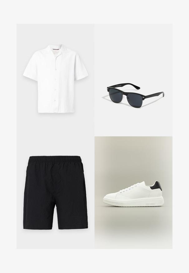 Witte shirt met korte mouwen, gemaakt van een gestructureerde stof. Voorzien van een notch-kraag en vijf knopen aan de voorkant met een rechte zoom. Lichtgewicht ontwerp.; Zwarte zwembroek gemaakt van textuurstof, met een elastische tailleband en zijzakken, met een loose-fit ontwerp.; Witte lage sneaker met dikke zool, veters aan de voorkant en een zwart hielstuk, gebrandmerkt met "Steve Madden" op de zijkant van de zool.; Zwarte zonnebril met een rechthoekige vorm, donkere lenzen, zilveren accenten bij de slapen en een matte afwerking op het montuur.