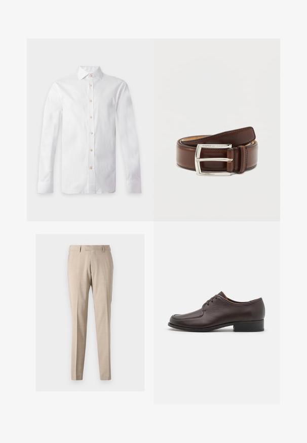 Hvid langærmet skjorte med beige knapper, spids krave og knappede manchetter, vist fladt på en lys baggrund.; Beige tapered bukser lavet af letvægtsstof, med forreste folder, to sidelommer og en glat tekstur.; Brune lædersko til mænd med en glat overflade, rund tå og lukket snørebåndsdesign. Har en lav, stablet hæl og diskrete syninger.; Snoet glat brun læderbælte med sølv rektangulært spænde indgraveret med "Tiger of Sweden" på neutral baggrund.