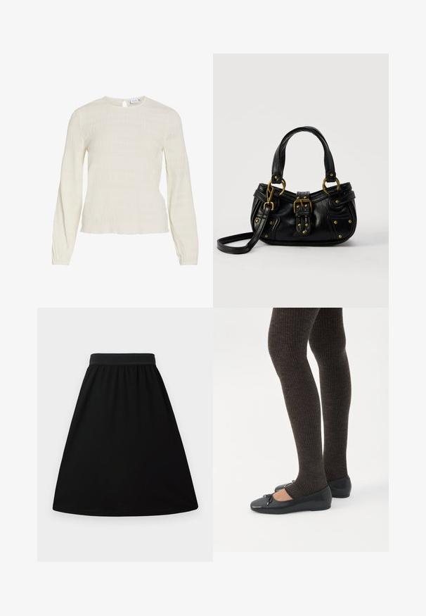 Wit gestructureerd blouse met lange mouwen en een ronde hals, een lichte keyhole-knopsluiting aan de achterkant en subtiele geplooide stofdetails.; Zwarte A-lijn rok met een elastische tailleband, gemaakt van een gladde, lichte stof; heeft een eenvoudig, effen ontwerp zonder patronen.; Benen met donkere geribbelde leggings gecombineerd met zwarte ballerina's met kleine strikdetails op een witte achtergrond.; Zwarte leren handtas met gouden gesp en klinknagel details, korte handvatten en een verstelbare schouderriem op een effen witte achtergrond.