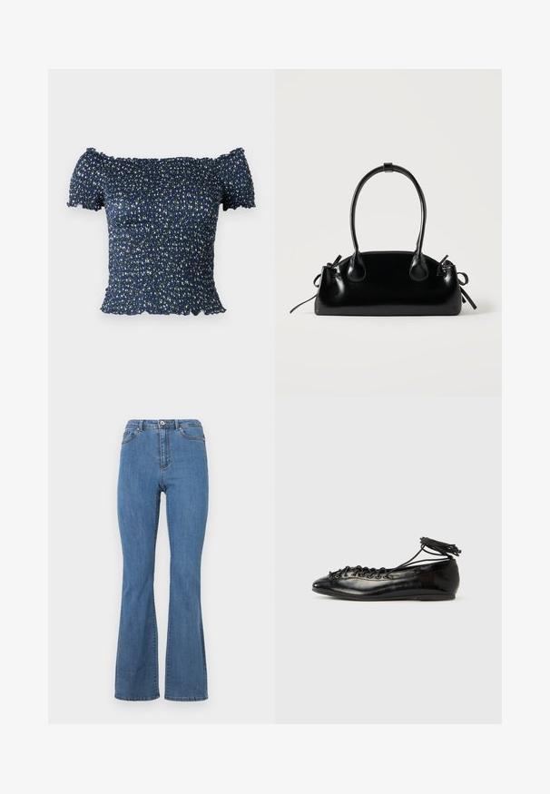 Marineblå off-shoulder top lavet af smocket stof, prydet med et blomstermønster med små hvide og grønne blomster. Blød tekstur, korte ærmer.; Blå bootcut jeans lavet af denim, med høj talje, kontrasterende syninger og en enkelt knaplukning foran.; Sorte balletflade sko i laklæder med rundet tå, snørelukning og flad sål. Glat tekstur med få detaljer.; Lille sort blank håndtaske med to lange håndtag og snøre-detaljer i siden på en ensfarvet lys baggrund.