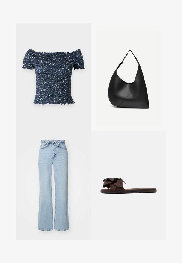 Navy-blaues schulterfreies Oberteil aus gerüschtem Stoff, das mit einem floralen Muster aus kleinen weißen und grünen Blumen verziert ist. Weicher Stoff, kurze Ärmel.; Helleblaue Denim-Jeans mit weitem Bein, hoher Taille und Kordelzugverschluss. Mit strukturierter Oberfläche und rohem Saum.; Flache braune Sandale mit großer Stoffblumendekoration am Riemen und dünner Sohle.; Schwarze Leder-Schultertasche mit geschwungener dreieckiger Form, einem verstellbaren Einzelriemen und sichtbarer diagonaler Naht auf der Vorderseite.