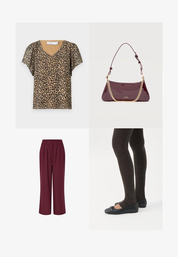 Leopardmønstret top med V-hals, korte flagrende ærmer og et beige inderlag. Lavet af let, gennemsigtigt stof.; Bredde benbukser i bordeaux stof, med frontfald og elastisk talje. Glat tekstur, hel længde design.; Ben iført mørke ribbede leggings kombineret med sorte balletsko med små sløjfedetaljer på hvid baggrund.; Mørk burgundy håndtaske i laklæder med justerbar strop og guldkædedetalje, med lille guld ALDO-logo foran.