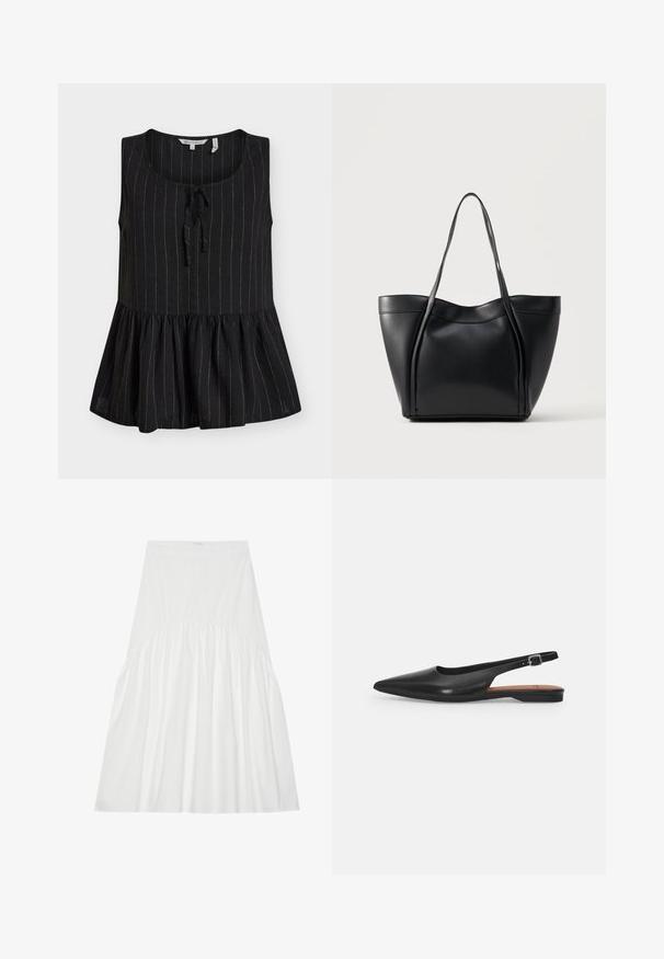Schwarze ärmellose Bluse mit dünnen weißen senkrechten Streifen, rundem Ausschnitt, Binddetail vorne und gerafftem Peplum-Saum.; Weißer, knielanger Rock aus Baumwolle. Besitzt eine geraffte Detailverarbeitung an der Taille, eine glatte Textur und eine einfache, klassische A-Linien-Silhouette.; Schwarzer Leder Slingback-Schuh mit spitzer Zehenform, subtiler Glanz und verstellbarem Knöchelriemen. Flacher Absatz mit einer braunen Innensohle.; Schwarze Ledertasche mit zwei langen Henkeln und einem leicht gebogenen oberen Rand, vor einem schlichten hellen Hintergrund präsentiert.