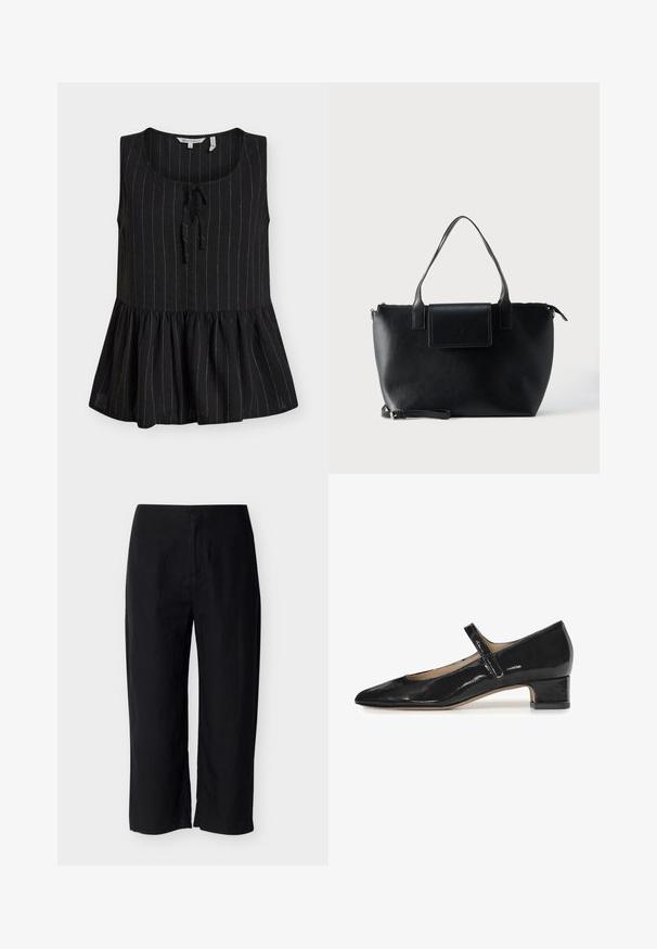 Blusa negra sin mangas con delgadas rayas verticales blancas, escote redondo, detalle de lazo en el frente y dobladillo peplum fruncido.; Pantalones negros de pierna recta con cintura de tiro medio y cremallera frontal, mostrados sobre un fondo claro y sencillo.; Zapato Mary Jane de charol negro con punta afilada y un tacón bajo en bloque. Presenta una única correa ajustable sobre el empeine.; Bolso tote de cuero negro con dos asas, una correa desmontable, cierre de solapa magnética y textura suave. Parte superior con cremallera y costuras decorativas.