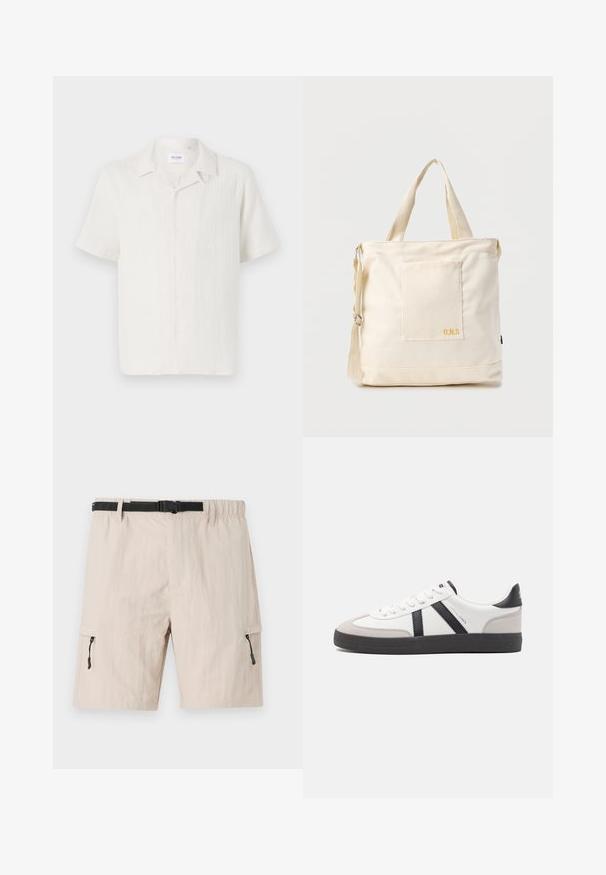 Kortærmet skjorte med knapper i lys cremefarve, der har et subtilt tekstureret mønster og en klassisk kravedesign.; Beige cargo shorts med elastisk talje, justerbart sort bælte og sidelommer med lynlås. Lavet af letvægtsstof med en subtil tekstur.; Hvide sneakers med sorte og grå detaljer, med en tekstureret grå tåhætte, sort gummisål og flade hvide snørebånd. Rent design, minimalistisk stil.; Kremfarvet lærredstote-taske med frontlomme, to håndtag, justerbar skulderrem og lille gul "O.N.S" tekst i nederste højre hjørne af lommen.