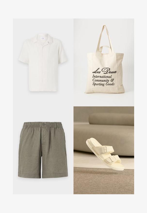 Chemise à manches courtes, couleur crème clair, avec un motif texturé subtil et un design de col classique.; Shorts khaki en tissu léger avec une taille élastique et une fermeture à boutons. Ils présentent un design à jambe droite et un ourlet roulé.; Sandale glissière blanc cassé avec deux brides ajustables à boucle, flottant au-dessus d'un tapis beige et d'un canapé dans un cadre intérieur minimaliste.; Sac tote en coton beige avec deux poignées robustes. Présente un texte imprimé en noir : "Les Deux International Community & Sporting Goods."