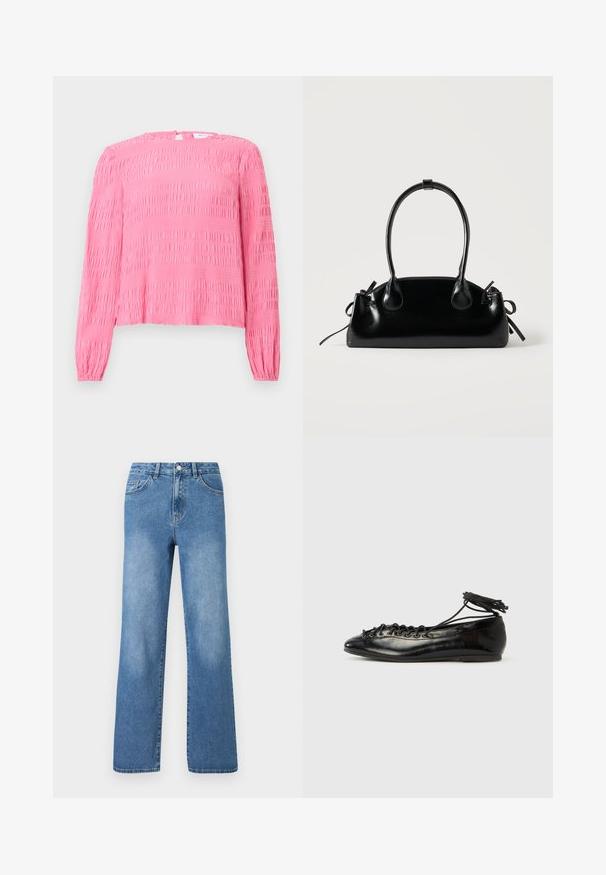 Blouse rose à manches longues avec tissu texturé et froncé, petite fermeture à bouton au dos du col, présentée sur un fond blanc plat.; Jeans en denim bleu clair avec une taille haute, un design à jambes larges, cinq poches et des détails de couture visibles. Texture lisse avec un léger délavage.; Ballerines en cuir verni noir avec un bout rond, un design à lacets et une semelle plate. Texture lisse avec peu de détails.; Petit sac à main noir brillant avec deux longues anses et des détails à cordon sur les côtés sur un fond clair uni.