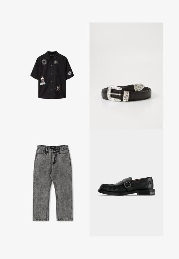Zwart overhemd met korte mouwen en knopen, met kraag, borstzak aan de linkerkant en geborduurde ontwerpen waaronder een spinnenweb, madeliefje, klokkentoren, zon en vredessymbolen.; Grijze denim jeans met een verstoord uiterlijk, recht gesneden ontwerp en vijf zakken. Bevat een label met "FORMER" op de tailleband.; Zwarte leren loafer met een gesp, gestikte details rondom de neus en een lage hak met metalen accent.; Zwarte leren riem met een decoratieve zilveren gesp met reliëf bladerenpatronen en ronde punten. Gladde textuur, klassiek ontwerp.