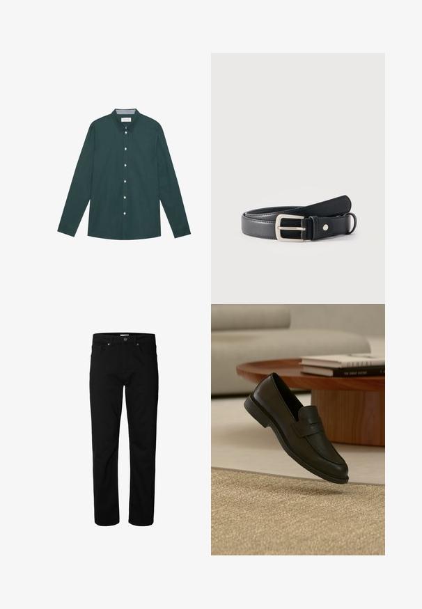Camisa de manga larga verde oscuro hecha de tela suave, que presenta un collar clásico, cierre delantero con botones y sutiles detalles de costura blanca.; Vaqueros negros de corte recto con cierre de botón y cremallera, pasadores para cinturón y bolsillos delanteros y traseros, mostrados sobre un fondo blanco liso.; Zapato mocasín de cuero negro mostrado en el aire sobre una alfombra beige tejida, con una mesa de madera y libros apilados en una sala de estar con luz suave.; Cinturón de cuero negro con hebilla rectangular plateada enrollado sobre un fondo blanco liso.