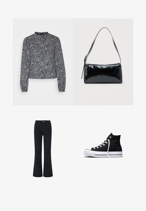 JDY JDYLOTUS FRILL TOP - Bluse - sky captain; Schwarze Corduroy-Bootcut-Hosen mit Knopf- und Reißverschluss, ausgestattet mit zwei vorderen Taschen und einer glatten Textur. Gerade Beinoptik.; Schwarzer High-Top-Canvas-Sneaker mit weißer Gummisohle und weißen Schnürsenkeln, seitlich dargestellt vor weißem Hintergrund.; Schwarze rechteckige Schultertasche mit einem verstellbaren Riemen und einem oberen Reißverschluss vor einfachem Hintergrund.