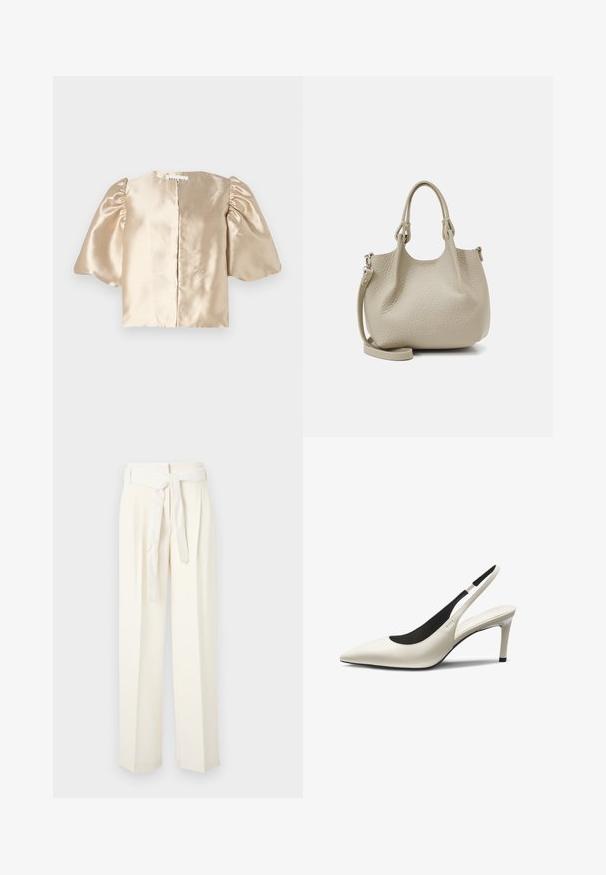 Satin beige cropped top med puffede ærmer, rund halsudskæring og central lukning. Designet har en glat tekstur med en diskret glans.; Kremfarvede vidde bukser med bæltestrop. Fremstillet af blødt stof, med folder og en glat overflade uden mønstre.; Hvid læder høje hæle slingback sko med spids tå, tynd stilet hæl og sort indvendig foring.; Beige læder håndtaske med en tekstureret overflade, dobbelte håndtag og en aftagelig skulderrem, der har en rund form og et minimalistisk design.