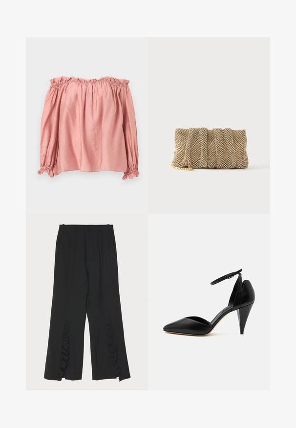 Blød lyserød off-shoulder bluse med lange, puffede ærmer, elastisk rynket halsudskæring og manchetter, lagt fladt på en lys baggrund.; Sorte bukser med bred ben-design, der har flæseaccentuer ved sidesømmen og en flad talje. Glat stofstruktur, skræddersyet snit.; Sort læder højhælet sko med spids tå, ankelrem og kegleformet hæl på hvid baggrund.; Lille gylden mesh clutch taske med et rynket design og en delvist synlig guldkæde på en ensfarvet hvid baggrund.