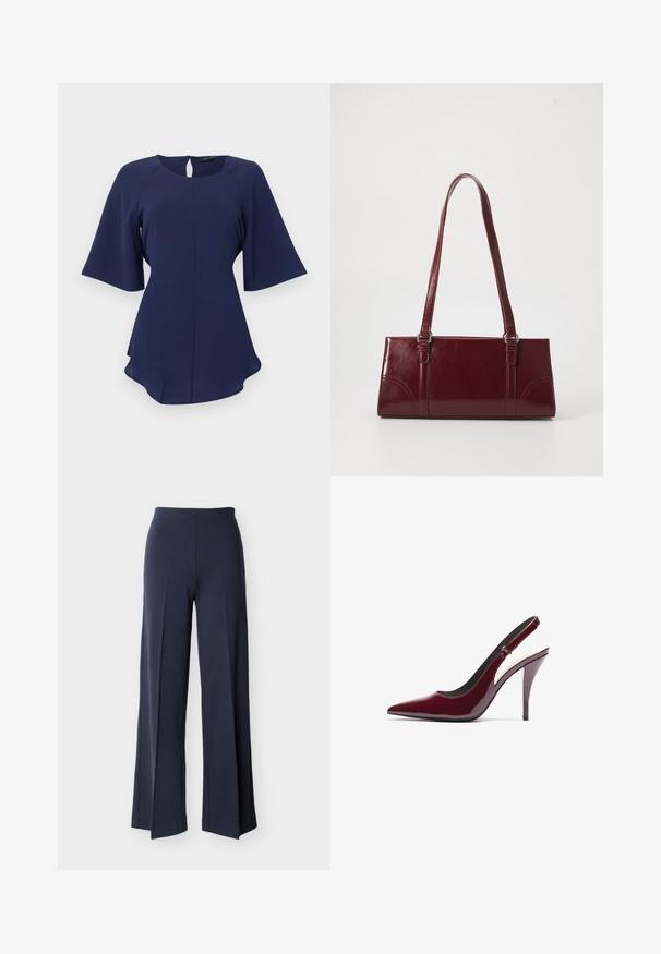Donkerblauwe damesblouse met ronde hals, korte uitlopende mouwen, sleutelgatknopsluiting aan de achterkant en licht gebogen zoom.; Marineblauwe wijde broek met zijsplitsingen, hoge taille en een gladde voorkant, weergegeven tegen een witte achtergrond.; Bordeaux gepatenteerd leren slingback pump met een spitse neus, hoge stilettohak en een strakke, gladde textuur. Verstelbare banddetail.; Bourgondische handtas van glanzend materiaal, rechthoekige vorm, met twee schouderbanden en subtiele gebogen accenten aan de voorkant.