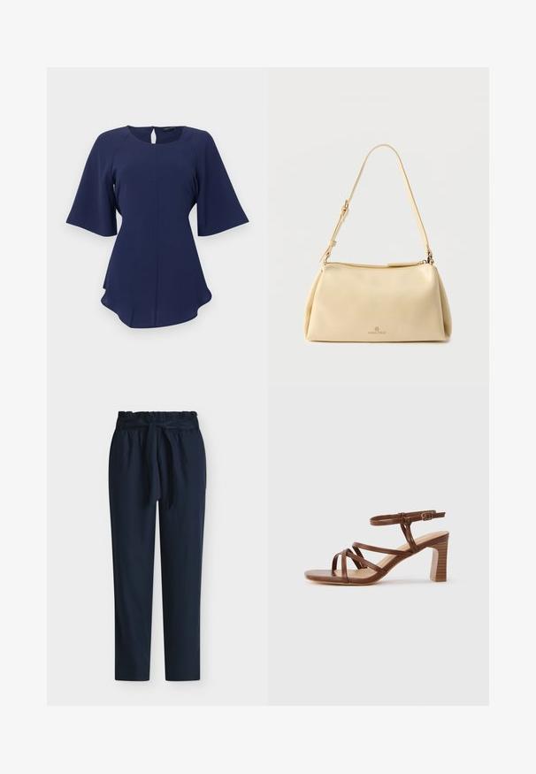 Blouse bleu marine pour femme avec encolure ronde, manches courtes évasées, fermeture à bouton avec ouverture en forme de goutte dans le dos, et ourlet légèrement arrondi.; Pantalon bleu marine taille haute avec taille paperbag et ceinture en tissu nouée en nœud devant.; Sandale en cuir marron à lanières avec un talon bloc et une boucle de cheville réglable sur un fond clair uni.; Sac bandoulière rectangulaire beige avec sangle réglable et fermeture éclair, comportant un petit logo "Anna Field" au centre avant.