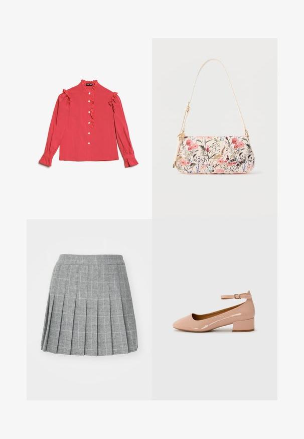 Blusa rosa de manga larga con cuello arrugado y delantero, cierres de botones y puños acampanados. Fabricada en un material ligero con una textura suave.; Falda plisada en tela gris con un patrón de cuadros. Presenta una pretina ajustada y múltiples pliegues verticales para un aspecto estructurado.; Zapatilla plana de charol rosa con punta redondeada, tira al tobillo y tacón bajo. Textura suave y diseño minimalista.; Bolso pequeño beige para hombro con estampado floral en tonos rosa y púrpura, herrajes dorados y correa ajustable sobre un fondo blanco liso.