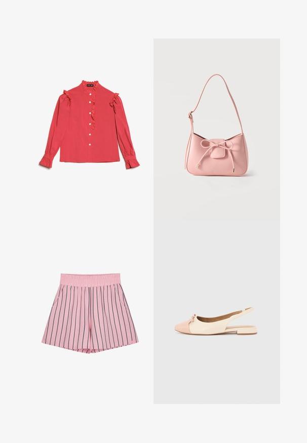 Roze blouse met lange mouwen, voorzien van een gerimpelde kraag en voorkant, knoopsluitingen en uitlopende manchetten. Gemaakt van lichtgewicht stof met een gladde textuur.; Lichtroze shorts met verticale marineblauwe strepen, elastische tailleband en zijzakken. Gemaakt van een zachte stof met een losse pasvorm.; Beige en blush slingback damesschoen met platte zool, puntige neus en klein strikdetail op een effen achtergrond.; Kleine schoudertas in pastelroze met verstelbare band en een strikdetail aan de voorkant met goudkleurige uiteinden, afgebeeld op een effen achtergrond.