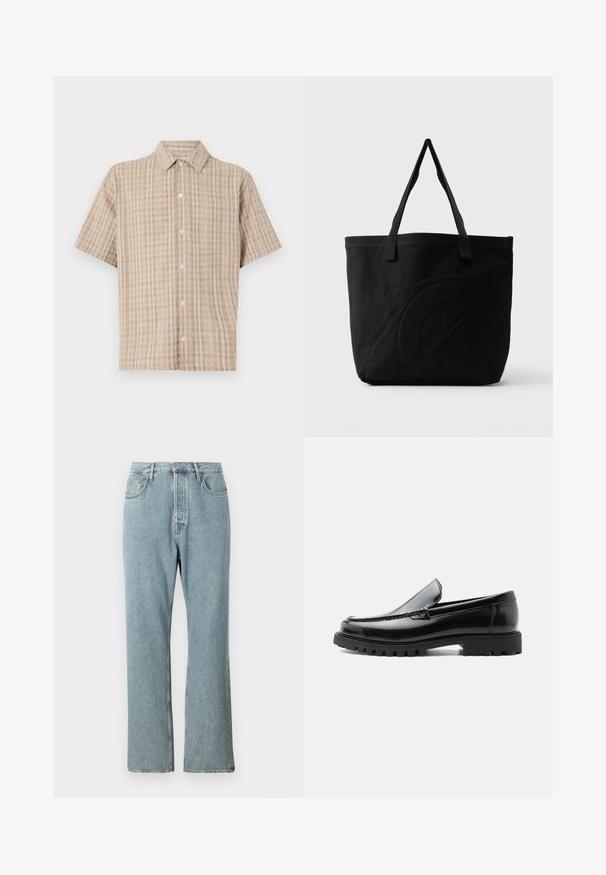Kurzärmliges, kragenloses Hemd in Beige mit einem karierten Muster. Hergestellt aus einem strukturierten Stoff, mit einer durchgehenden Knopfleiste und einer lockeren Passform.; Helles blaues Denim-Jeans mit hoher Taille, weit geschnittenen geraden Beinen und einfacher Naht. Verfügt über fünf Taschen und einen klassischen Knopfverschluss.; Schwarzer Lederloafer mit grober Gummisohle, genähter Oberseite und geprägtem Markennamen an der Ferse, seitlich auf weißem Hintergrund gezeigt.; Schwarze Canvas-Shopper-Tasche mit zwei Schulterriemen und einem dezenten, eingeprägten kreisförmigen Design auf der Vorderseite.