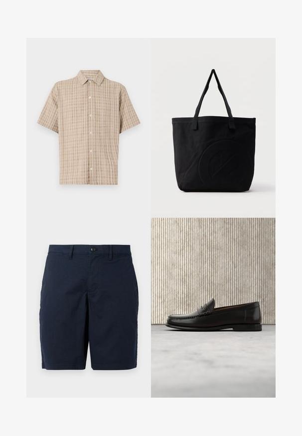 Korte mouwen, geklede blouse in beige met een geruit patroon. Gemaakt van een gestructureerde stof, met een knoopsluiting aan de voorkant en een ontspannen pasvorm.; Marineblauwe shorts van lichtgewicht stof. Voorzien van een knoopsluiting, vlakke voorkant en twee zijzakken. Klassiek, recht fit ontwerp.; Zwarte leren penny loafer met lage hak, afgeronde neus en gestikte details langs de voorkant en zijkanten, afgebeeld op een neutrale achtergrond.; Zwarte canvas tas met twee schouderbanden en een subtiel, ingebosseleerd cirkelvormig ontwerp aan de voorkant.