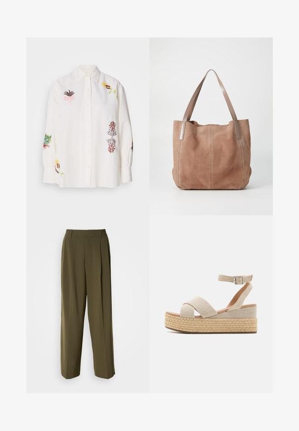 Chemise blanche à boutons avec manches longues, ornée d'une broderie florale colorée en rose, vert, jaune et rouge sur le devant et les manches.; Pantalons à jambes larges vert olive en tissu lisse, dotés d'une taille haute, de plis sur le devant et de poches latérales pour plus de fonctionnalité.; Sandales plateforme espadrilles beiges avec une tige en textile tissé, des sangles croisées, une boucle à la cheville et une semelle en jute texturé.; Anna Field by Zalando LEATHER - Cabas - taupe
